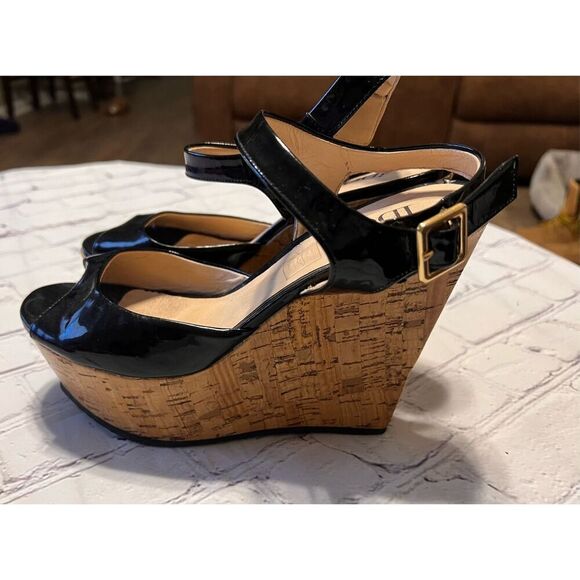 Idore Womens Size 7 Cork Wedge Platform Sandal Black Glossy Leather Summer Night - Picture 4 of 12